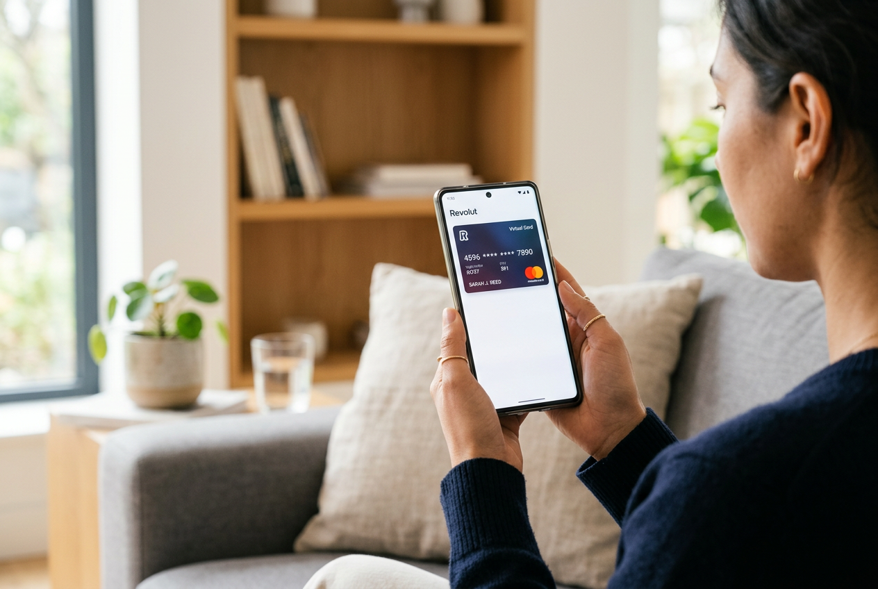 A Revolut virtual card displayed on a sleek smartphone screen.