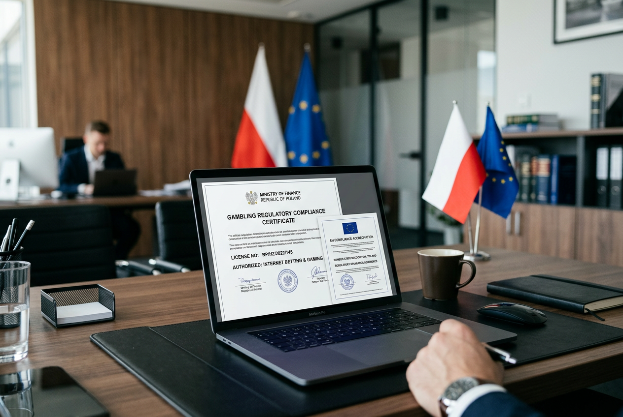 Digital documents and flags representing Polish gambling laws.