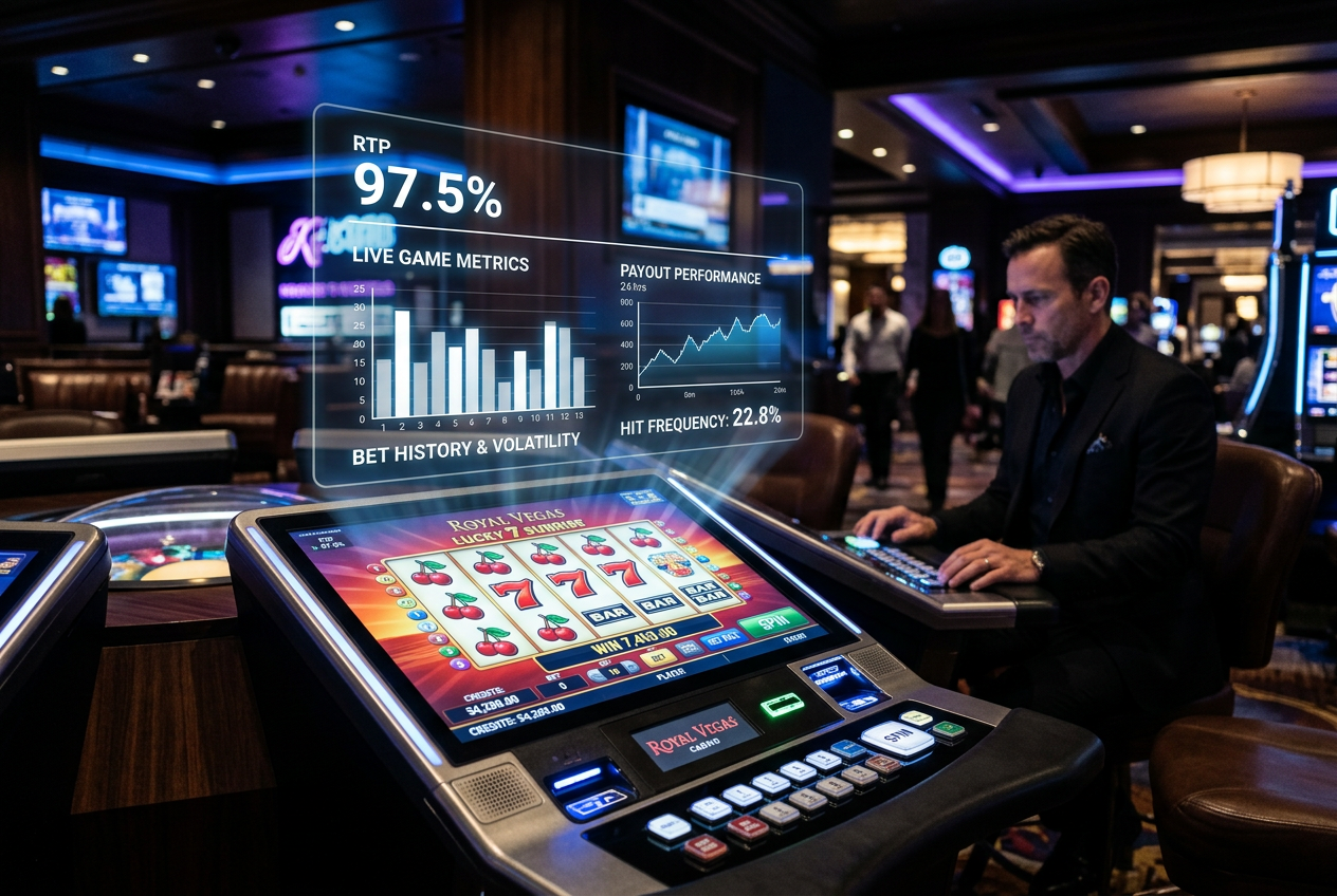 Futuristic interface displaying casino game statistics and RTP data.