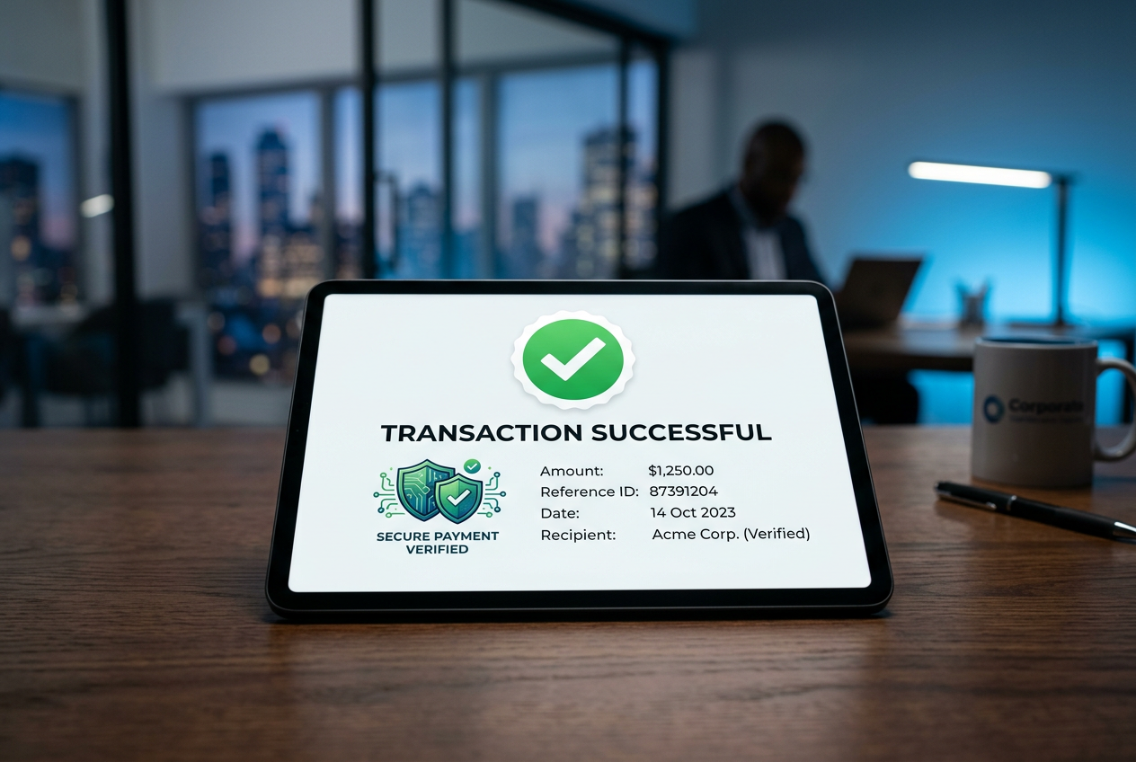 A digital tablet showing secure transaction confirmation and data protection graphics.