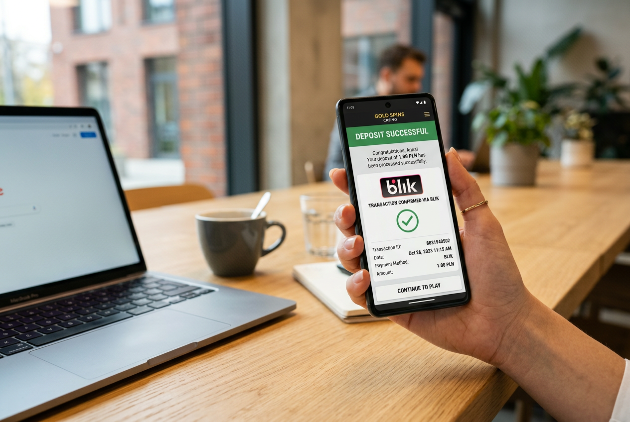 Smartfon pokazujący potwierdzenie wpłaty 1 zł przez BLIK w kasynie.
