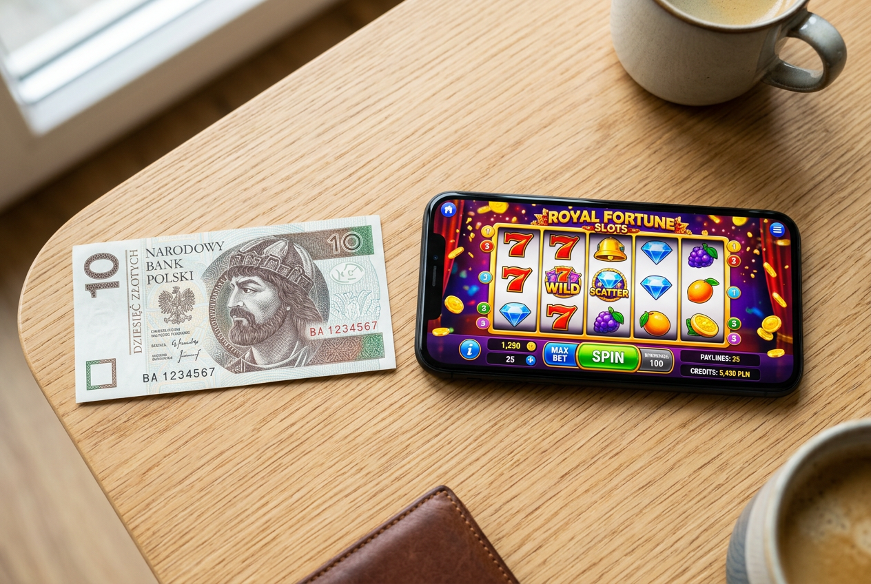 A 10 PLN banknote next to a smartphone showing a slot machine game.