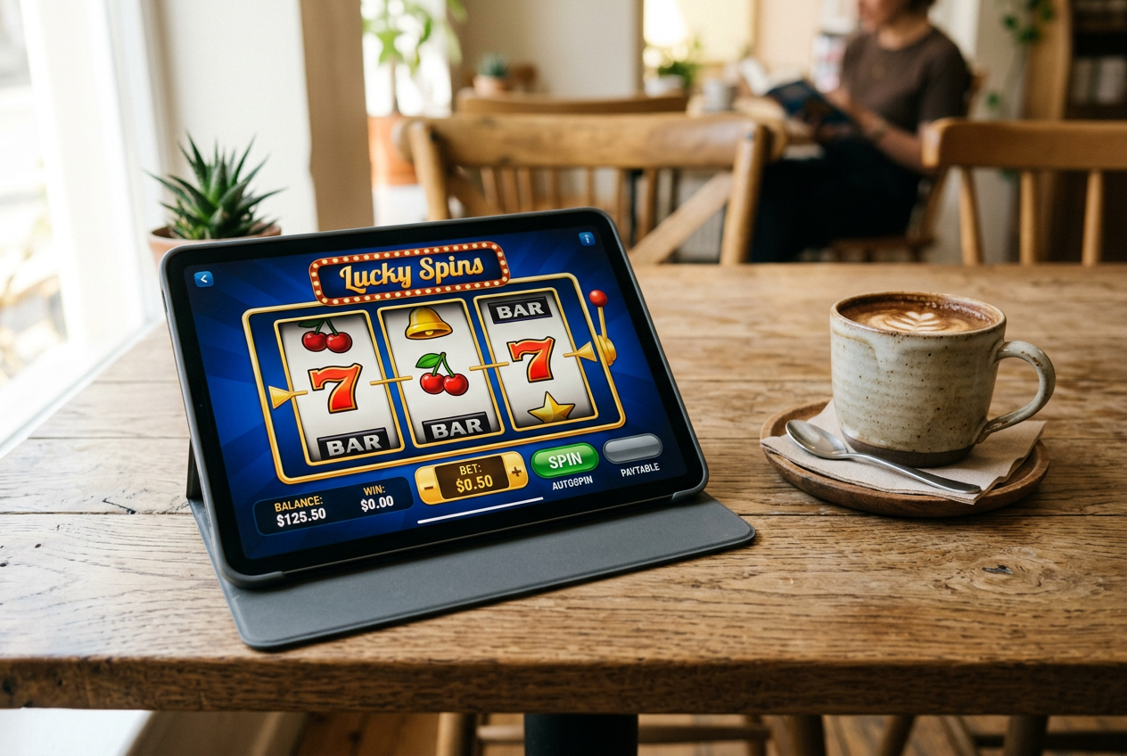Tablet wyświetlający kolorowy automat do gier przy kawie
