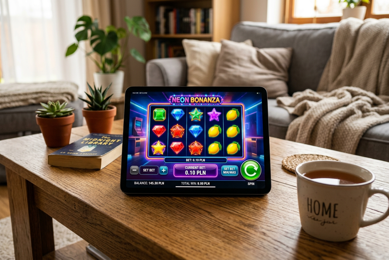 Casino slot games with low betting limits shown on a tablet.