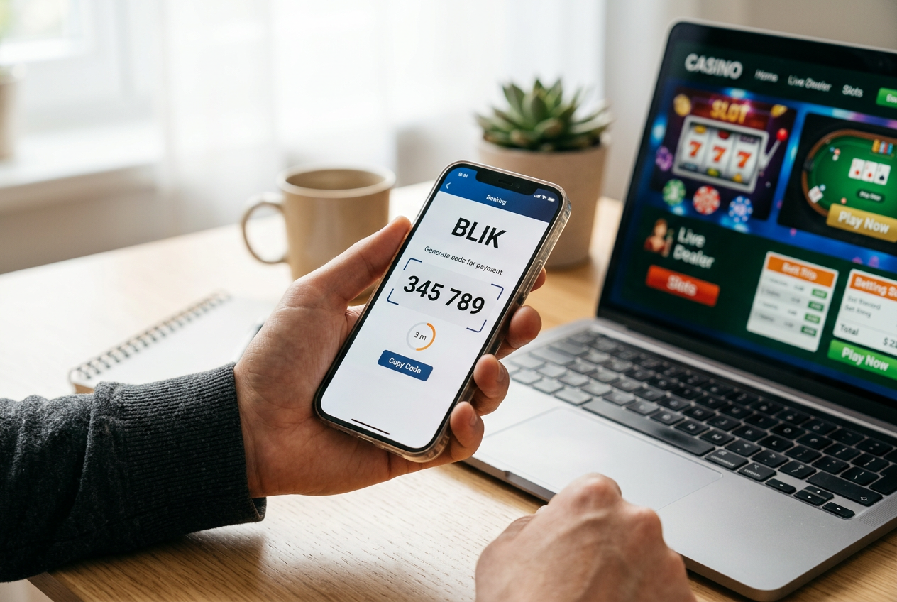 Smartphone displaying a BLIK code for a casino deposit.
