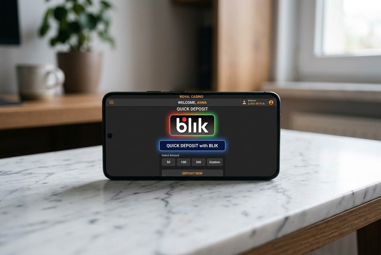 Smartfon z aplikacją kasyna online i logo BLIK na ekranie.
