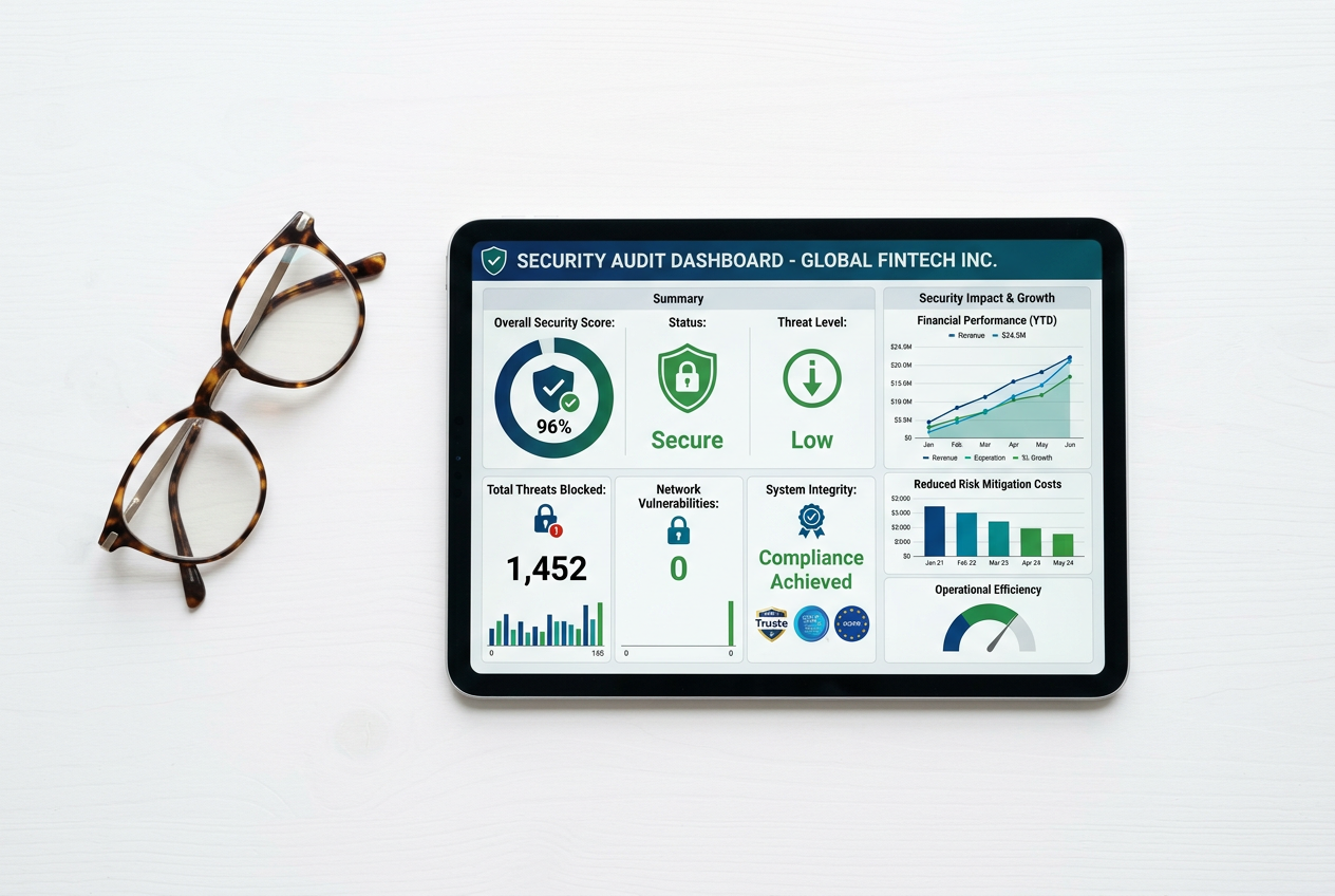 Digital tablet on a desk showing security metrics and financial trust icons.