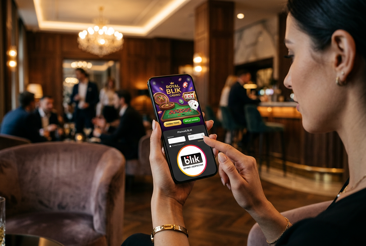 High-end smartphone displaying a vibrant 3D slot game and BLIK payment options.