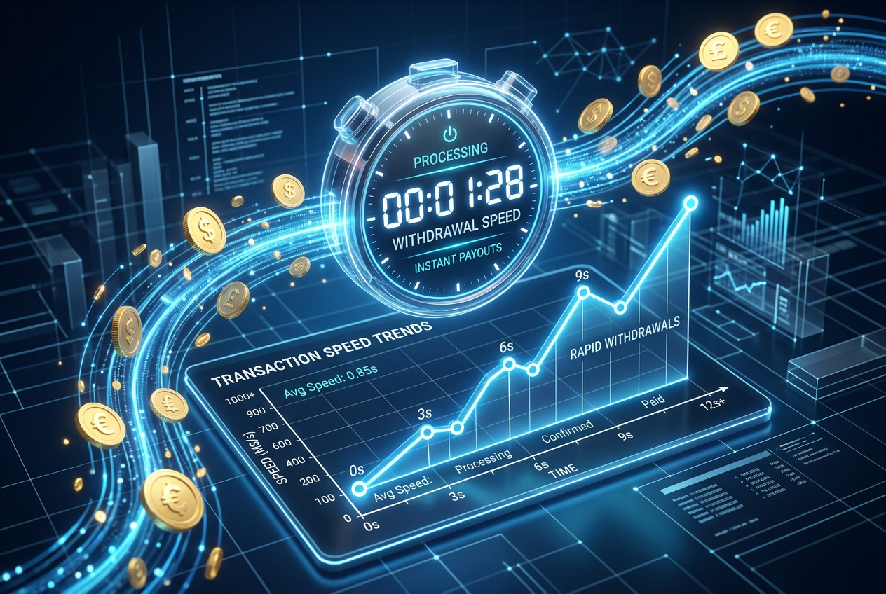 A 3D visualization showing fast transaction speeds and digital currency.