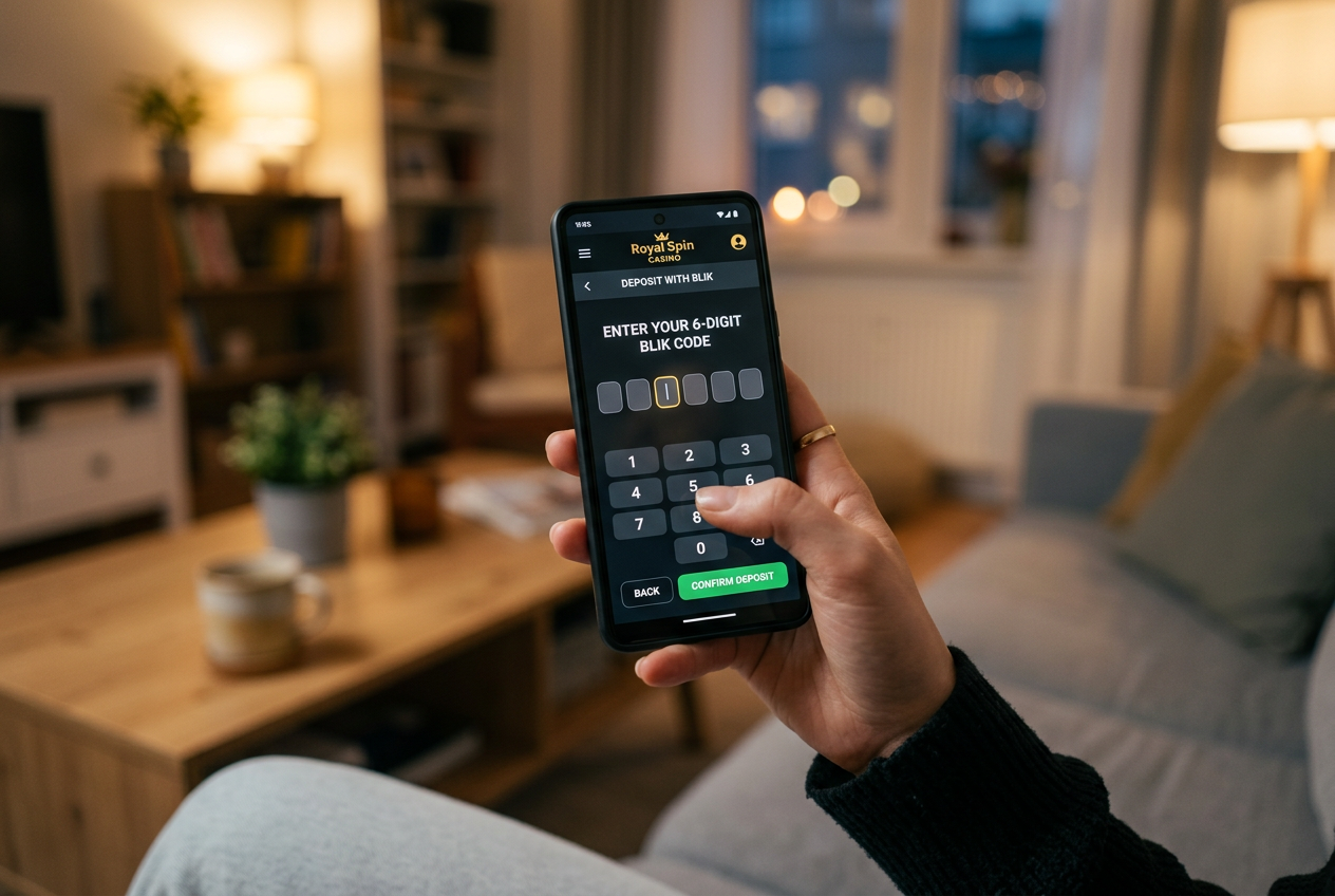 A person using a smartphone to enter a BLIK code for a casino deposit.