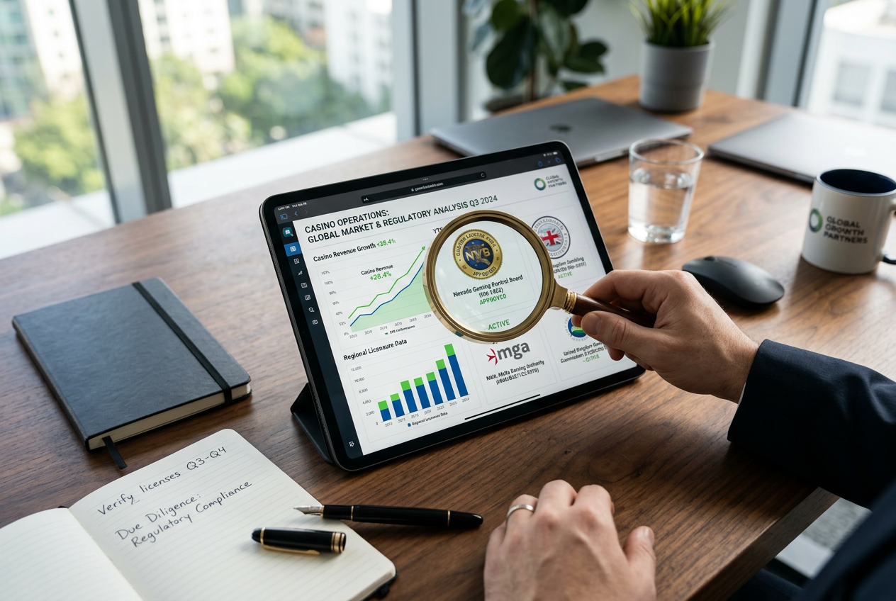 An expert reviewing financial data on a tablet with a magnifying glass.